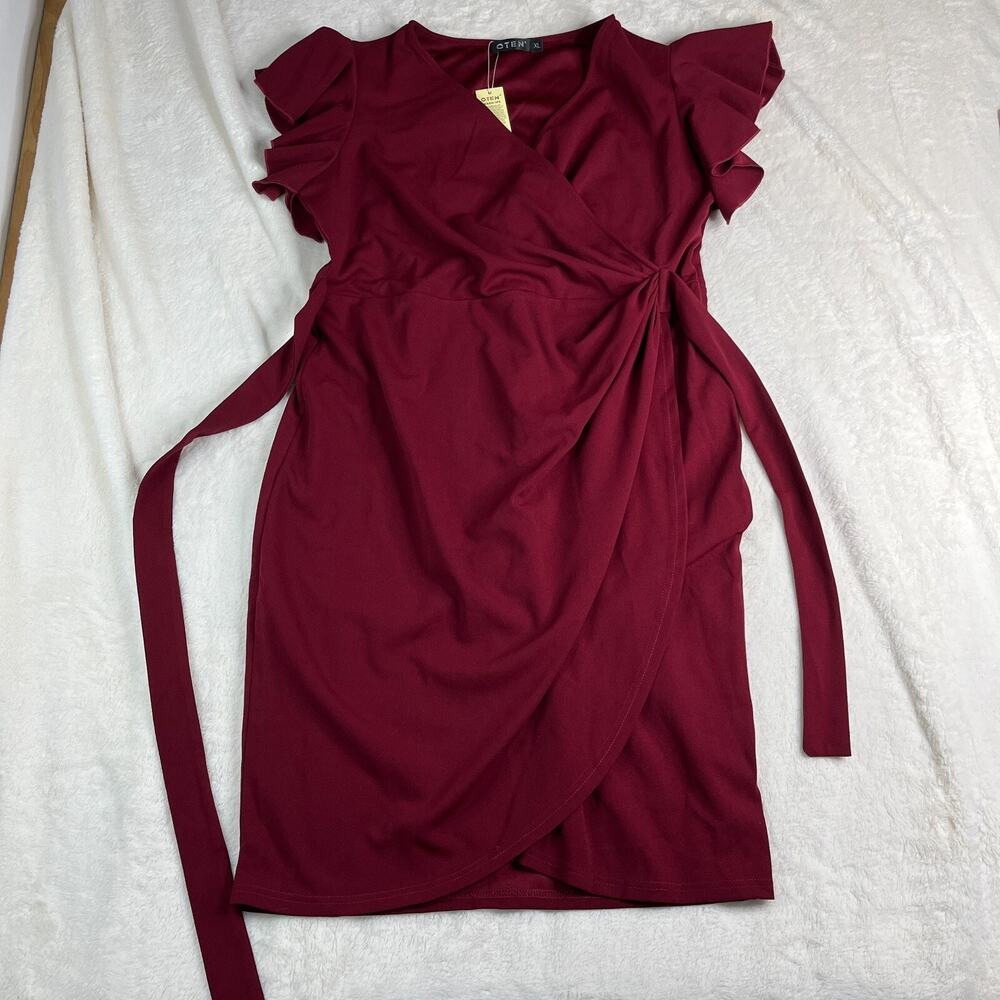 Oten Womens Maroon Dress Bodycon Flutter Sleeve V- Neck Drawstring NWT Size XL